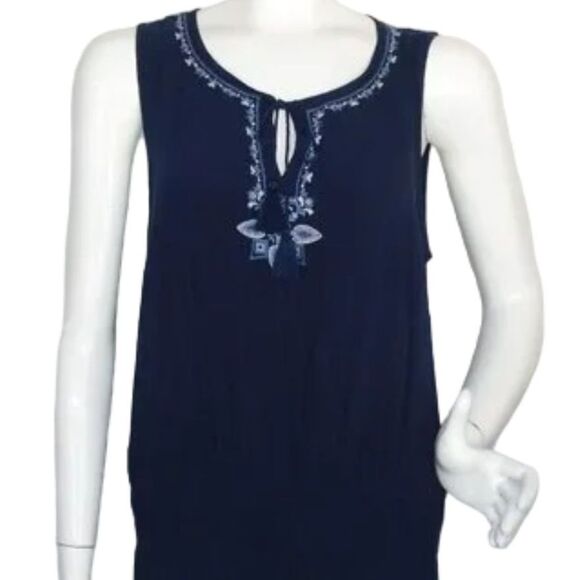 J. JILL Dress, L, Blue, Embroidered, Smocked waist, Sleeveless, Tie neckline - Picture 2 of 13